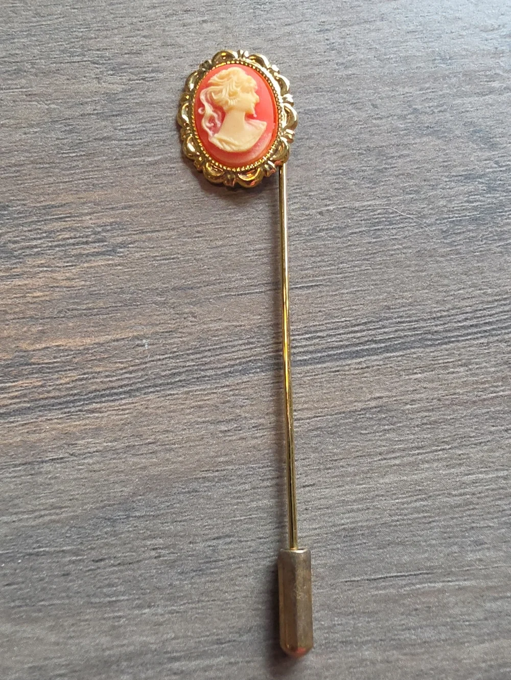 Gold Cameo Stick Pin - Coral and Cream Cameo